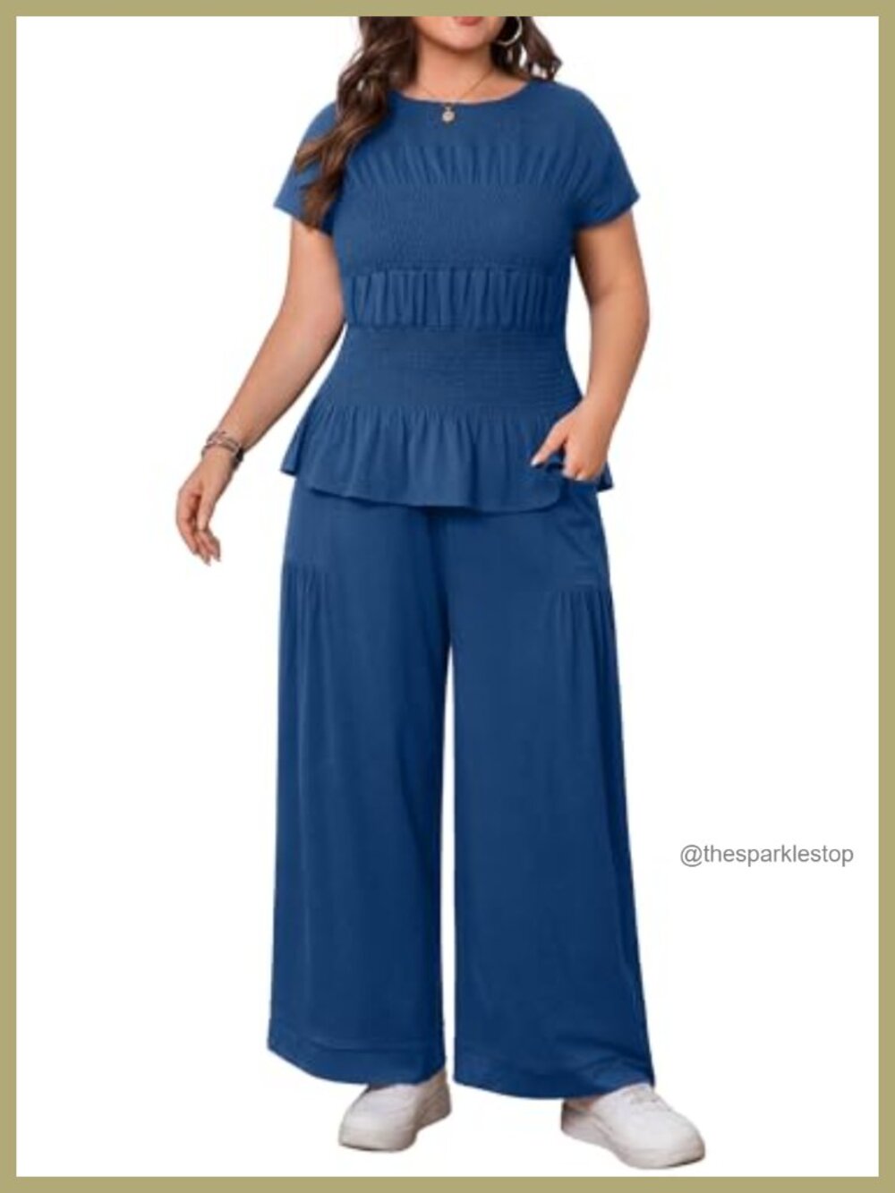 Plus Size 2 Piece Set Smocked Top Wide Leg Pants 95% Polyester 5% Spandex